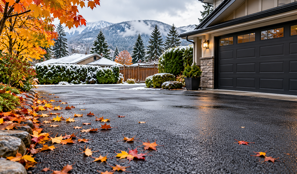Asphalt driveway in fall being inspected for cracks before winter